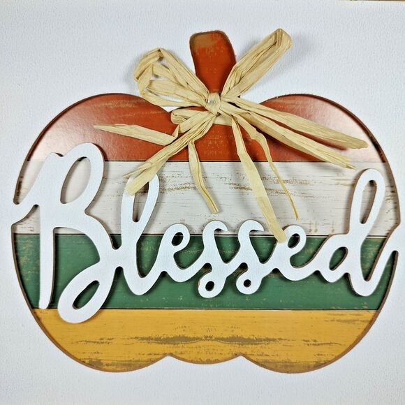 "Blessed" Carved Pumpkin Wall Mounted Holiday Event Plaque Sign Thanksgiving - Picture 3 of 16
